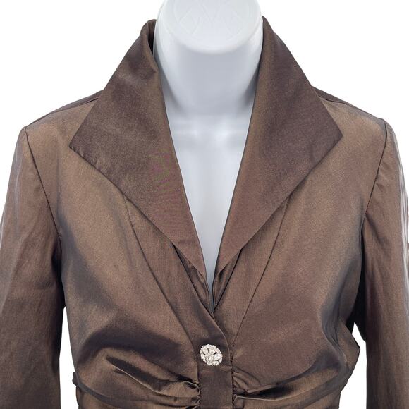 Tadashi Brown Taffeta Ruched Rhinestone Buttons Long Sleeve Formal Blouse 4 - Picture 3 of 11